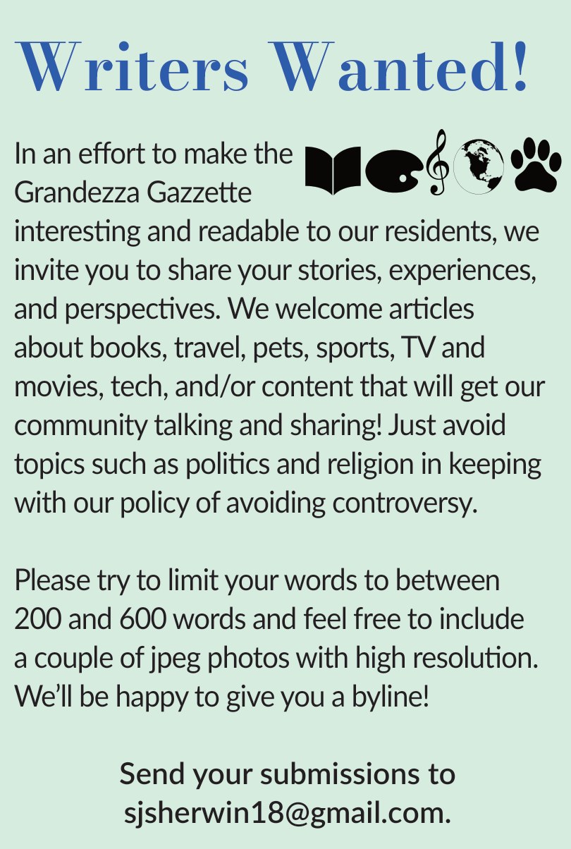 Writers Wanted flyer for the Grandezza Gazzette