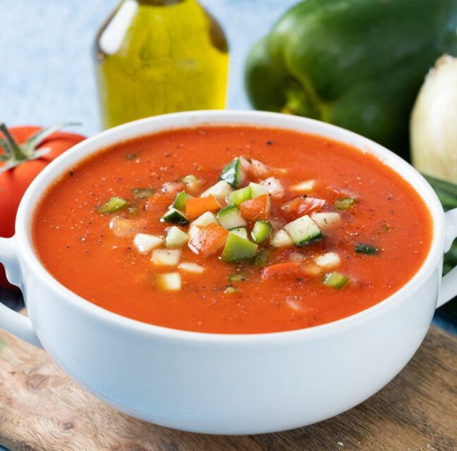Bowl of grilled vegetable gazpacho