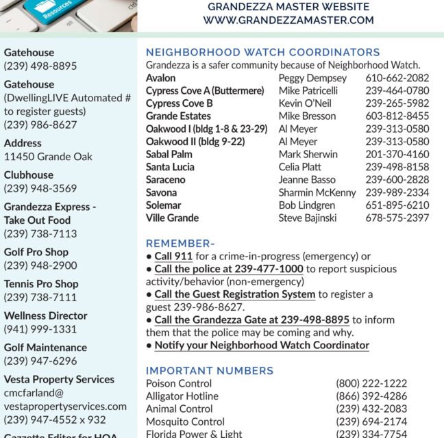 Grandezza Resource Hub - website, neighborhood watch and important phone numbers
