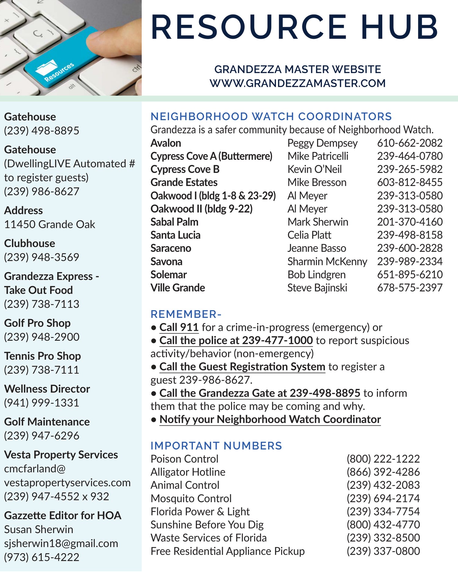 Grandezza Resource Hub - website, neighborhood watch and important phone numbers