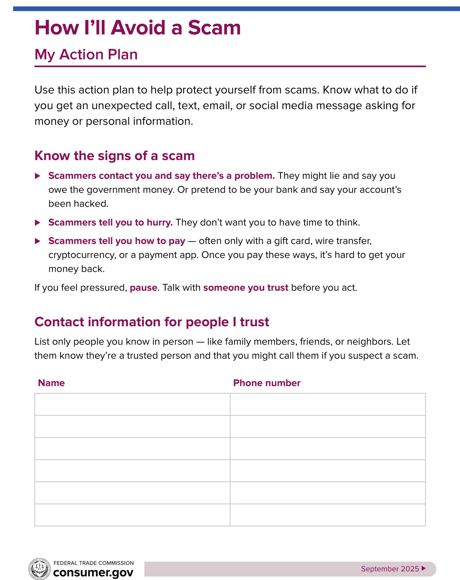 How I'll Avoid a Scam: My Action Plan worksheet, page 1