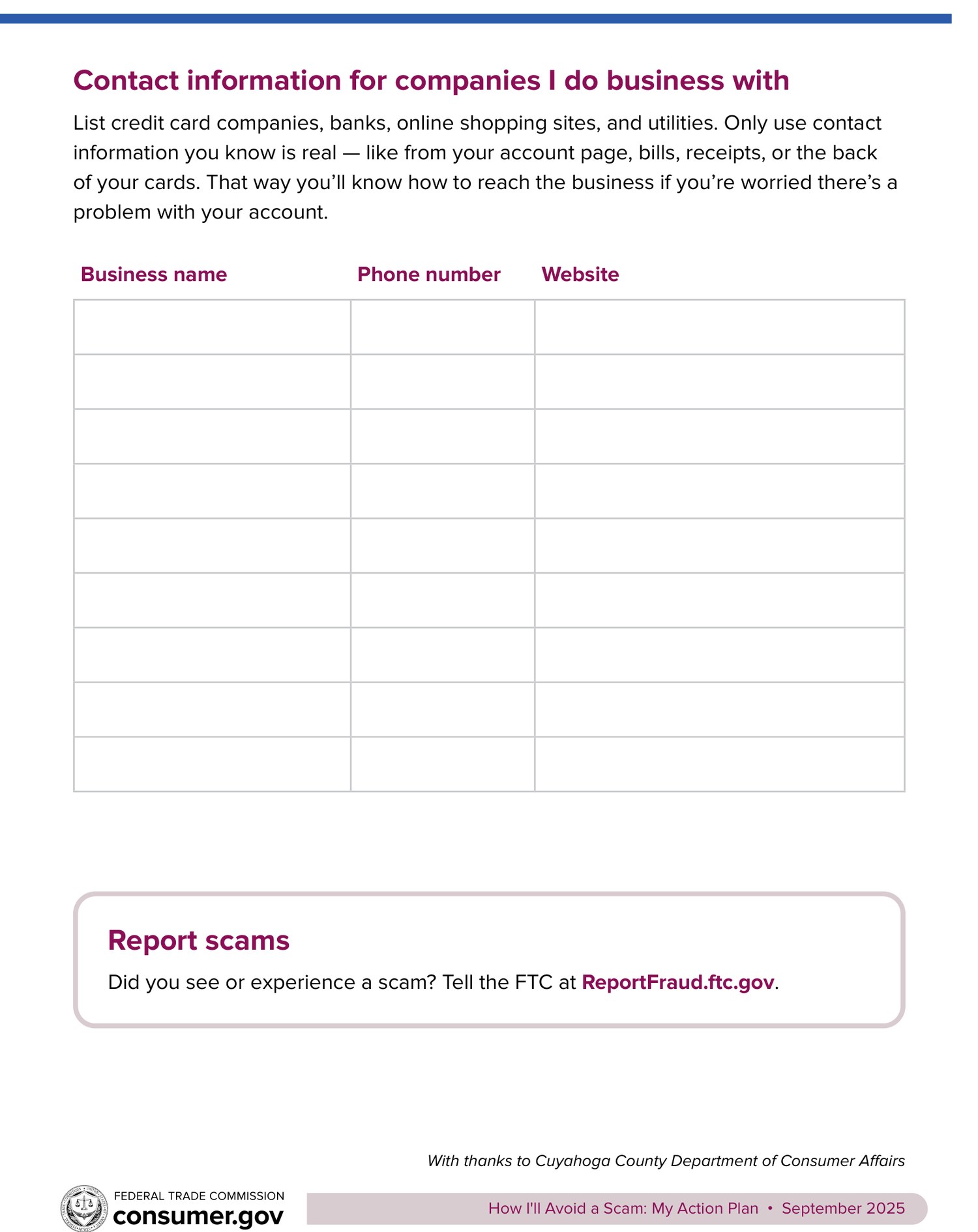 How I'll Avoid a Scam: My Action Plan worksheet, page 2
