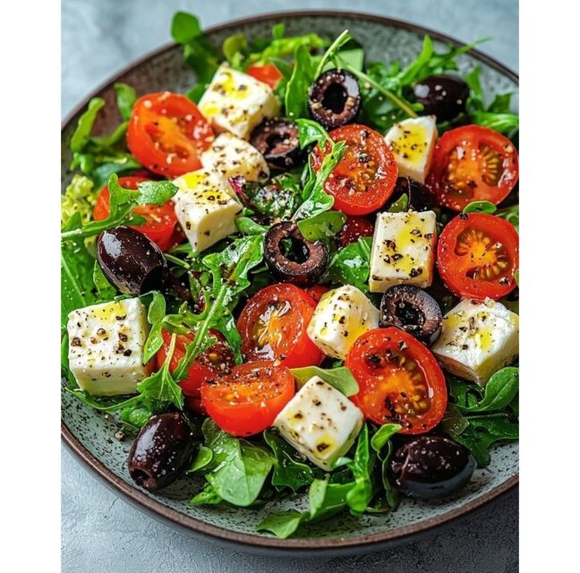 Greek salad with feta, tomatoes, kalamata olives and arugula in a bowl