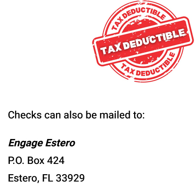 Tax deductible stamp above the Engage Estero mailing address in Estero, Florida