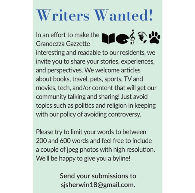 Writers Wanted flyer for the Grandezza Gazzette