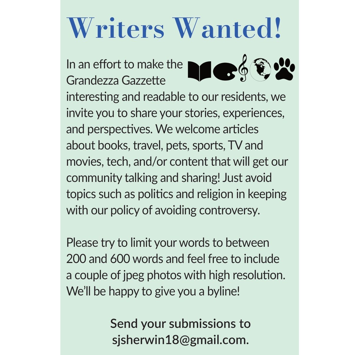 Writers Wanted flyer for the Grandezza Gazzette