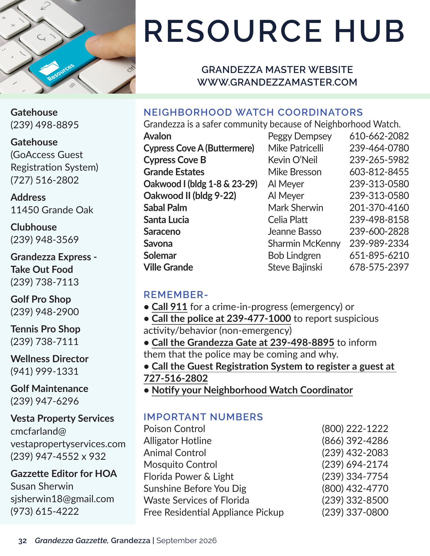 Grandezza Resource Hub listing gatehouse, clubhouse, Neighborhood Watch and important numbers
