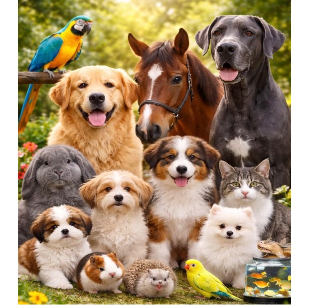 Dogs, cats, a horse, parrots and small pets gathered together outdoors