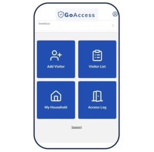 GoAccess app home screen with Add Visitor, Visitor List, My Household and Access Log