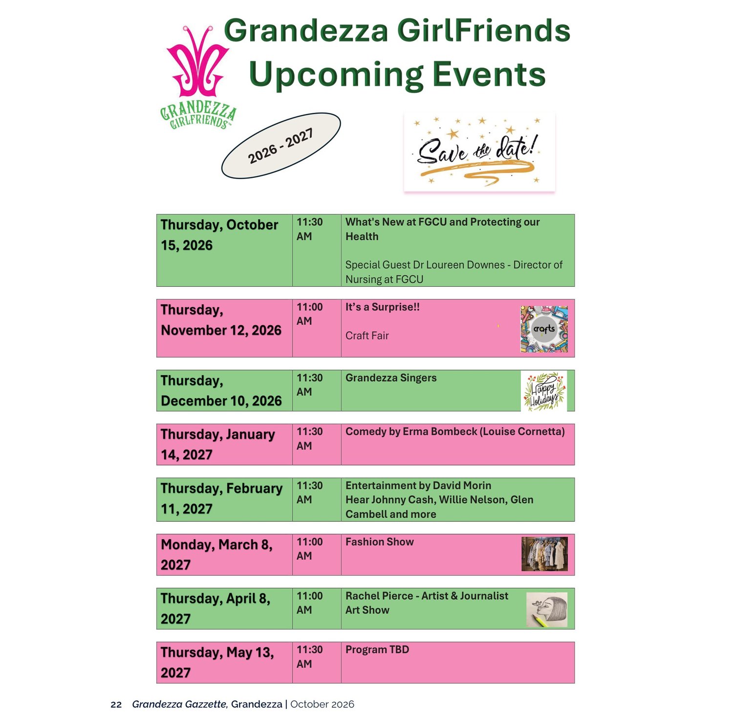 Grandezza GirlFriends 2026-2027 schedule of monthly events