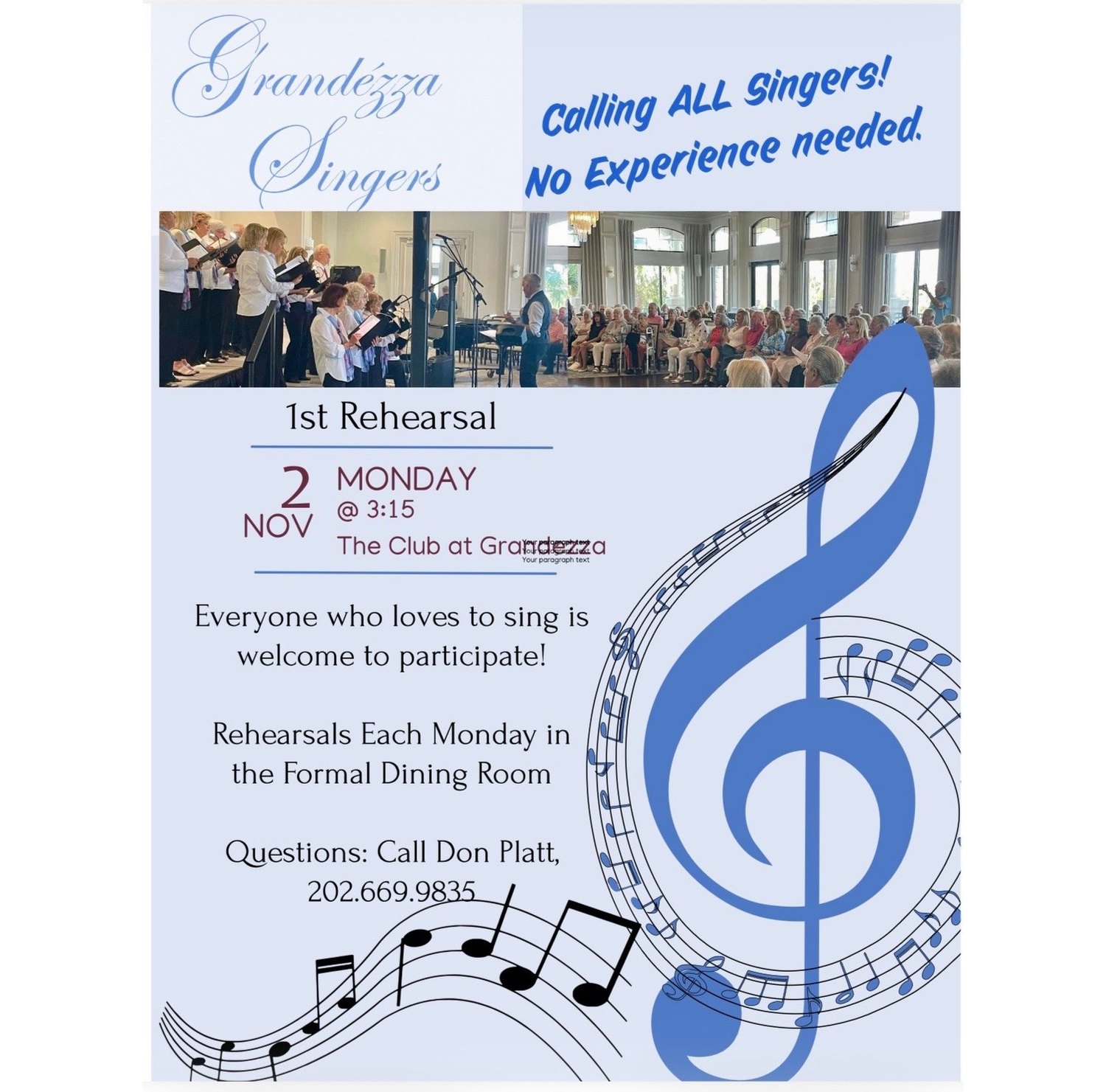 Grandezza Singers flyer calling for singers, first rehearsal November 2