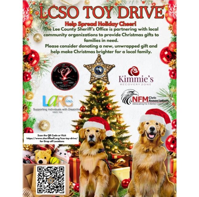 LCSO Toy Drive flyer with two dogs beside a Christmas tree and a donation QR code