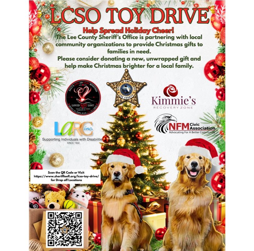 LCSO Toy Drive flyer with two dogs beside a Christmas tree and a donation QR code