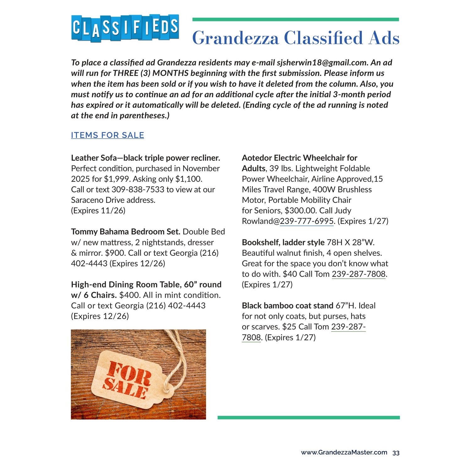 Grandezza classified ads page for October 2026 with items for sale