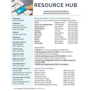 Grandezza Resource Hub listing gatehouse, clubhouse, Neighborhood Watch and important numbers