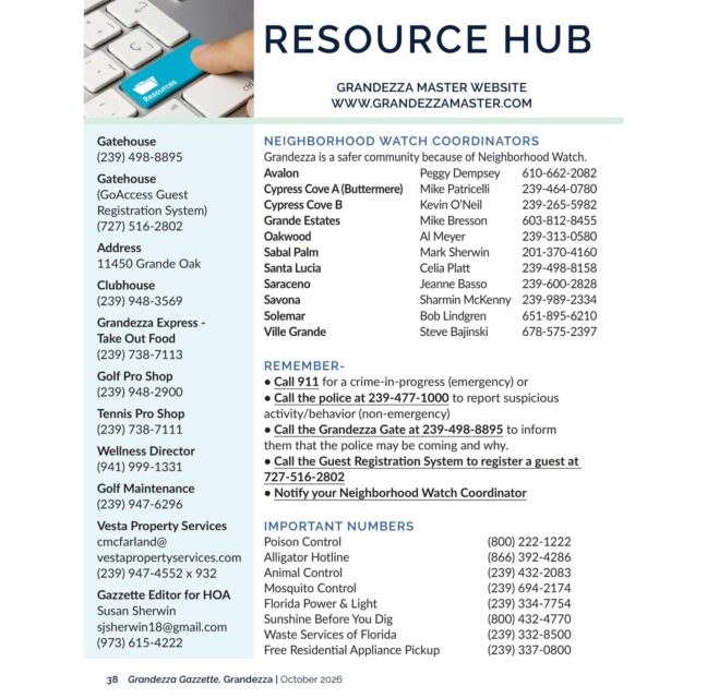 Grandezza Resource Hub listing gatehouse, clubhouse, Neighborhood Watch and important numbers